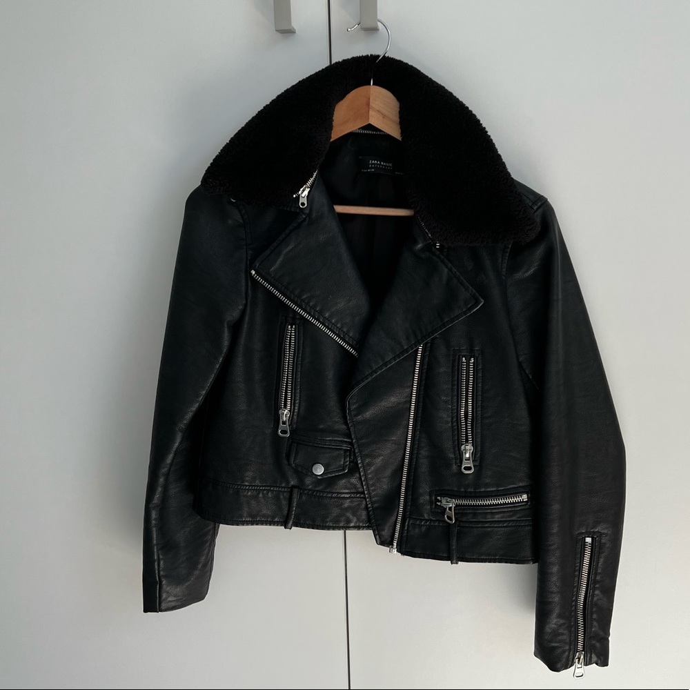 Zara Faux-Leather Moto Jacket w/ detachable shearling like collar